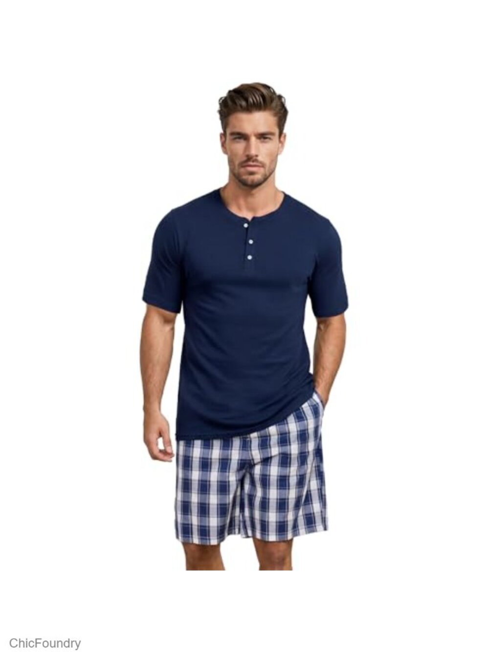 Men's Cotton Pajama Set Short Sleeve Lounge with Pockets